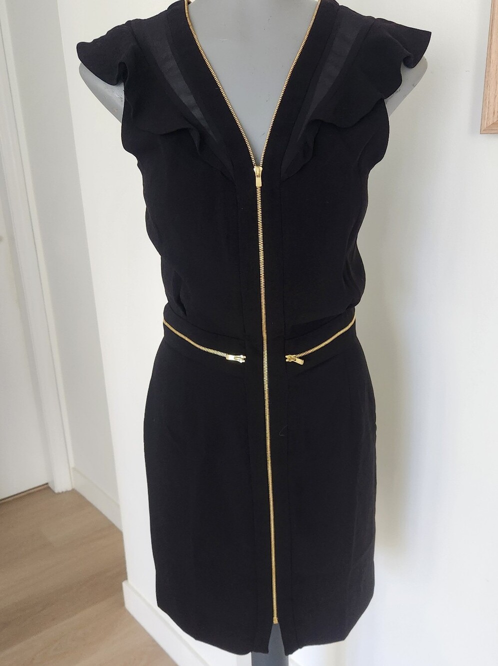 Sandro Black Mini Dress with Gold Zipper Accents
